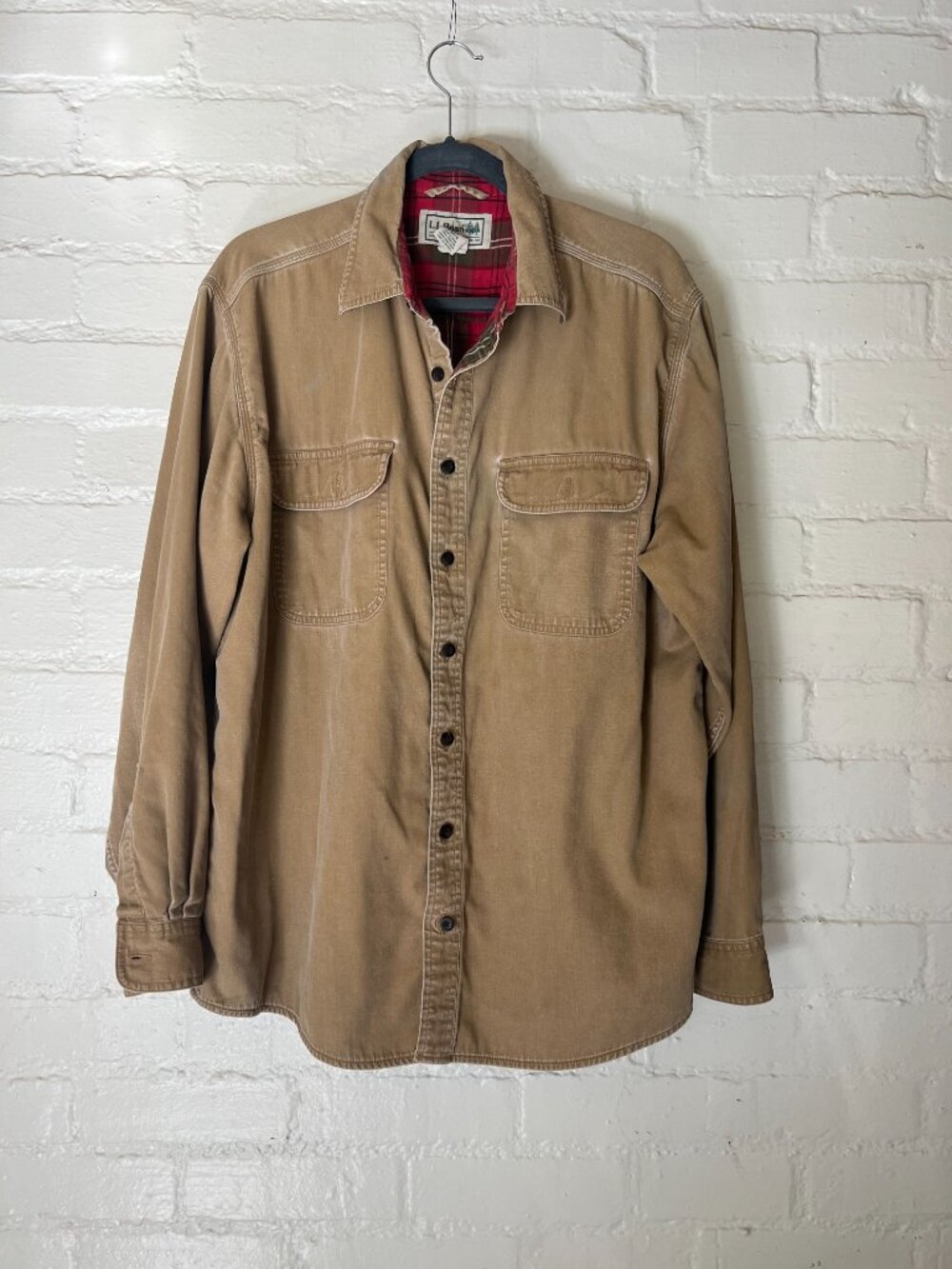 Vintage Eddie Bauer Mens 100% Cotton Large Khaki Button Down Lined Shirt